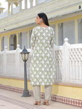Green Floral Printed Cotton Kurta, Pant And Dupatta Set With Thread & Mirror Work-J4849GREEN_OF